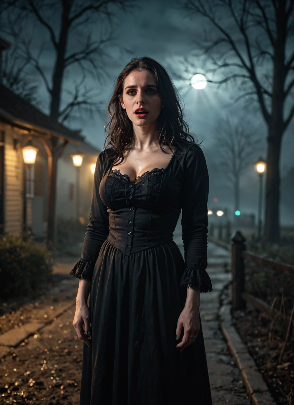 1girl, breasts, solo, cleavage, dress, moon · Yamete.gg