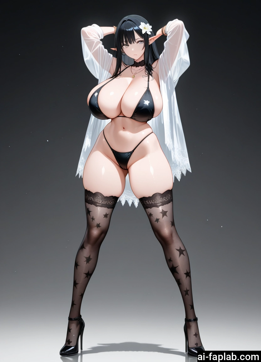 1girl, breasts, pointy ears, thighhighs, hair ornament, high heels