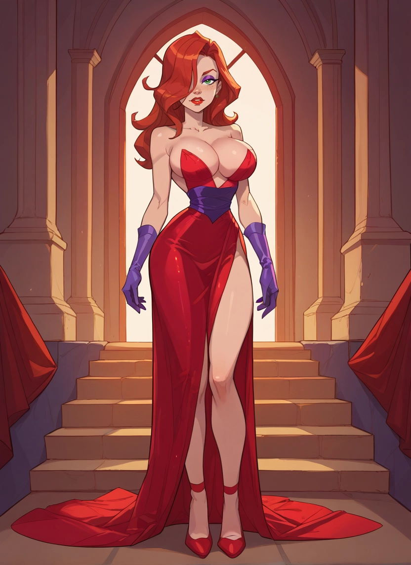 1girl, breasts, gloves, dress, green eyes, hair over one eye · Yamete.gg
