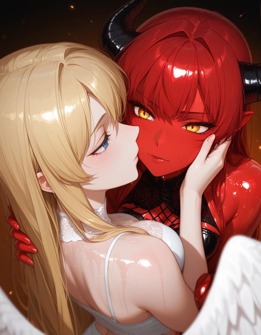 multiple girls, 2girls, horns, blonde hair, blue eyes, breasts · Yamete.gg