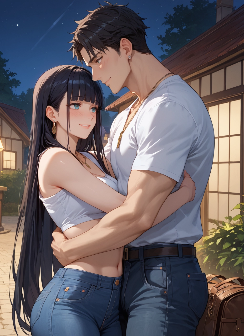 1girl, 1boy, long hair, jewelry, pants, black hair · Yamete.gg