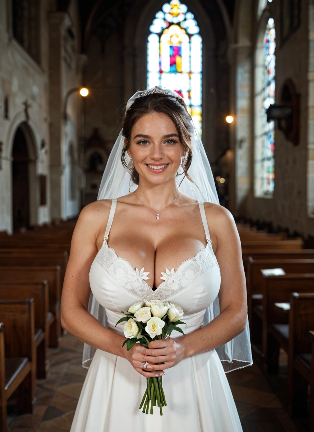 1girl, breasts, dress, flower, wedding dress, jewelry · Yamete.gg