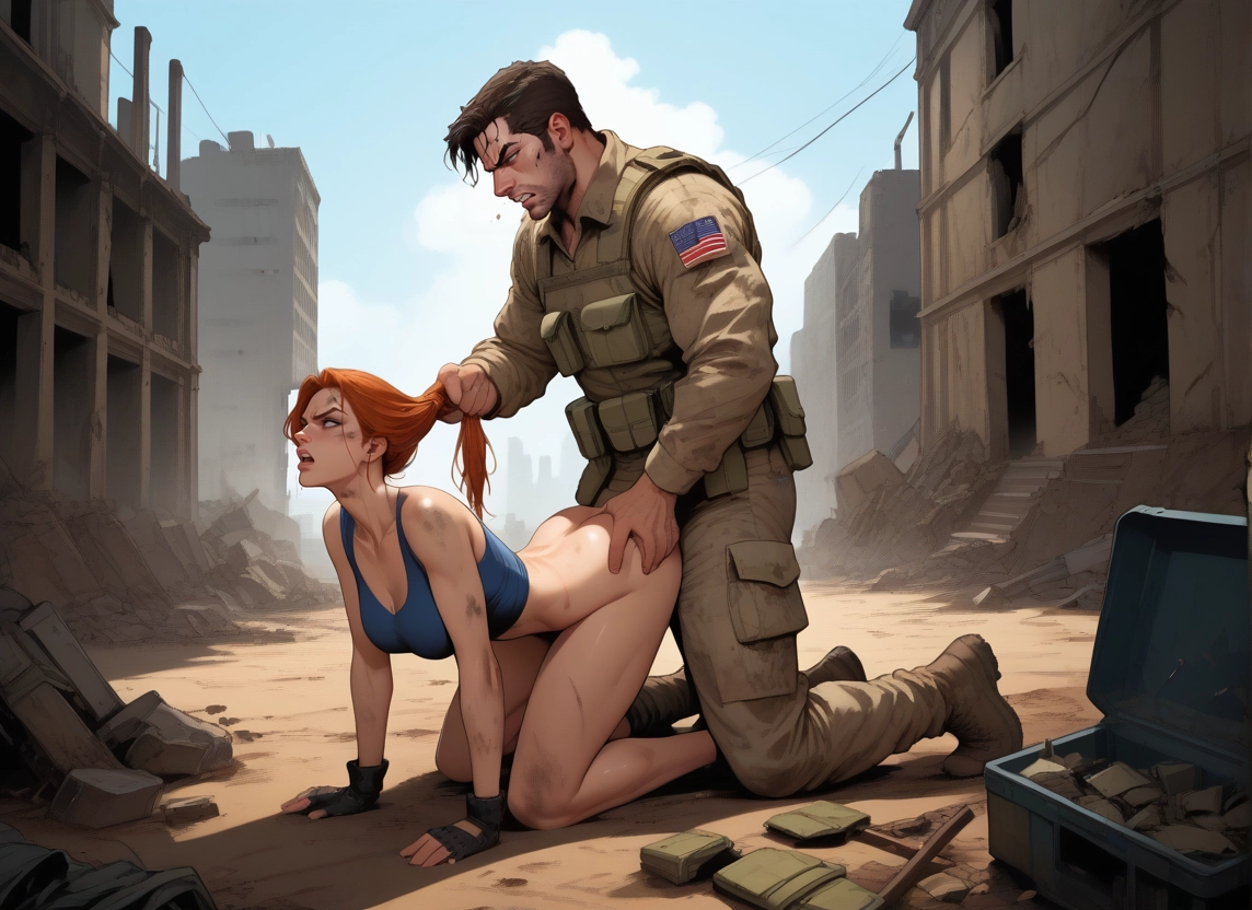 1girl, 1boy, grabbing another's hair, gloves, breasts, outdoors
