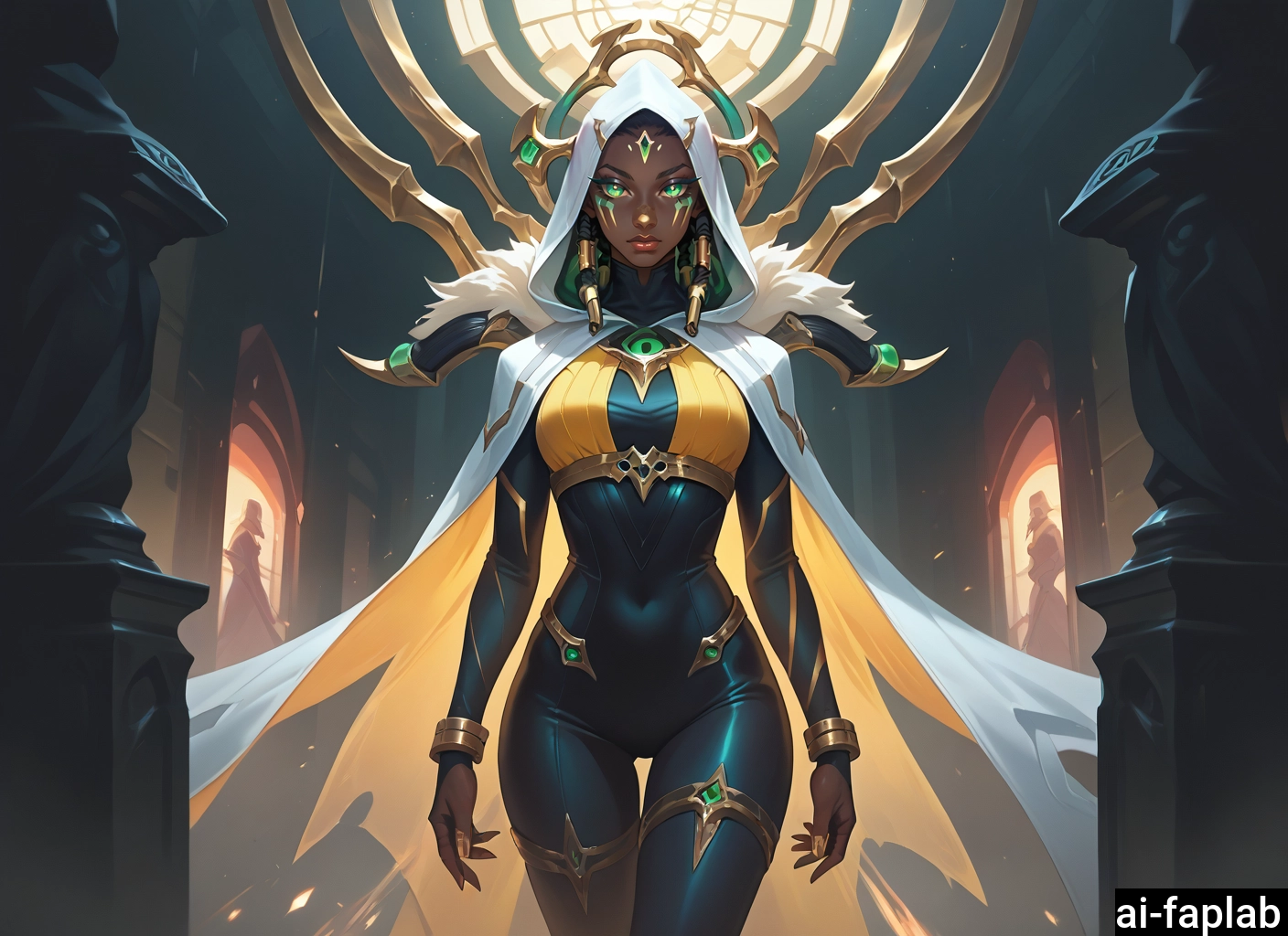 1girl, breasts, hood, green eyes, jewelry, dark-skinned female · Yamete.gg
