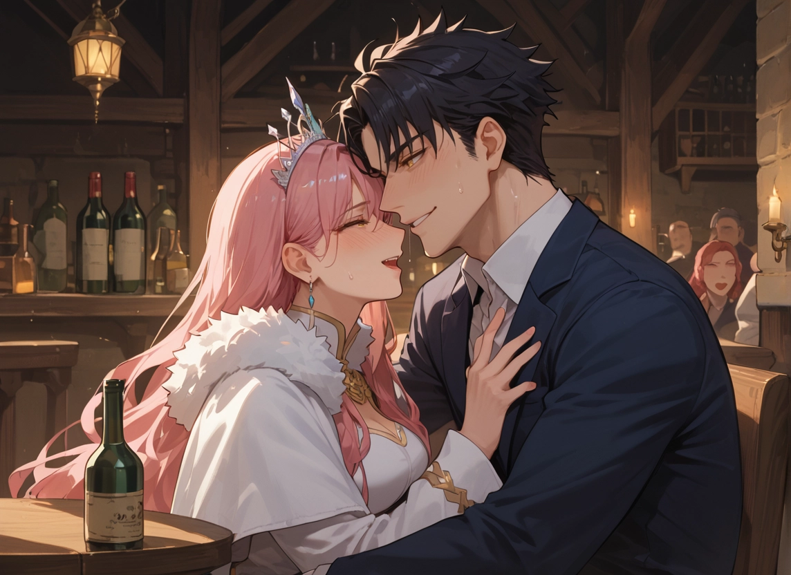 pink hair, long hair, jewelry, breasts, black hair, blush · Yamete.gg