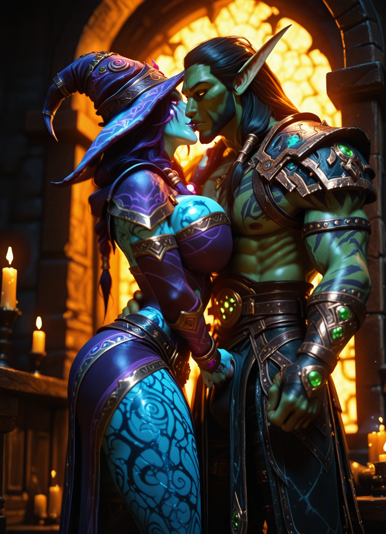 1girl, colored skin, 1boy, muscular, breasts, witch hat · Yamete.gg