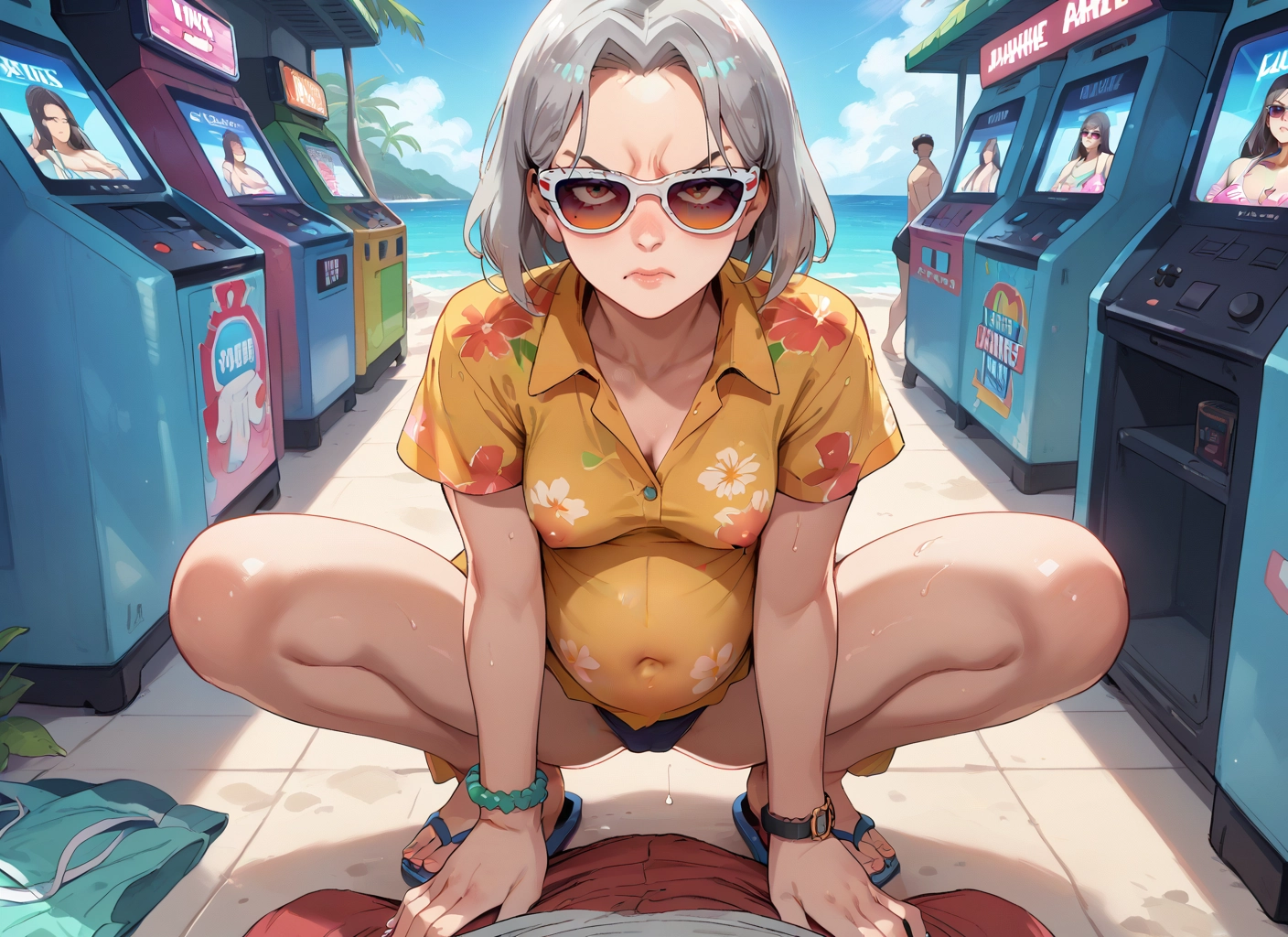 hawaiian shirt, breasts, sunglasses, squatting, shirt, jewelry