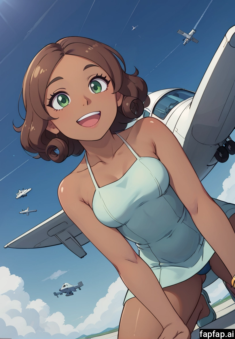 1girl, aircraft, green eyes, airplane, brown hair, solo · Yamete.gg