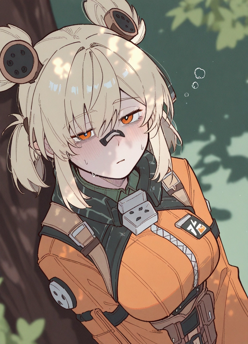 1girl, solo, breasts, blush, bandaid on nose, tree · Yamete.gg