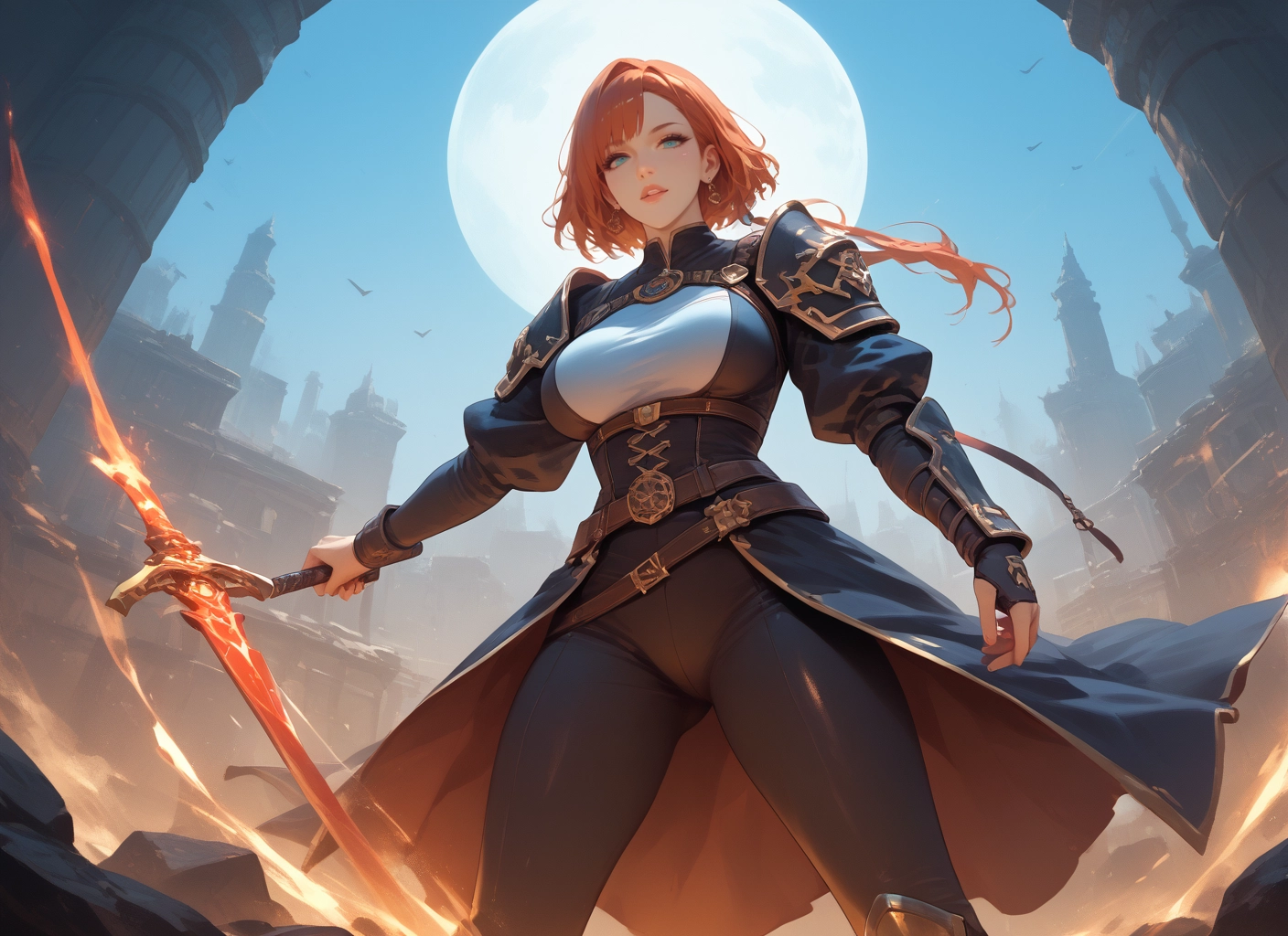 1girl, weapon, sword, moon, jewelry, earrings · Yamete.gg