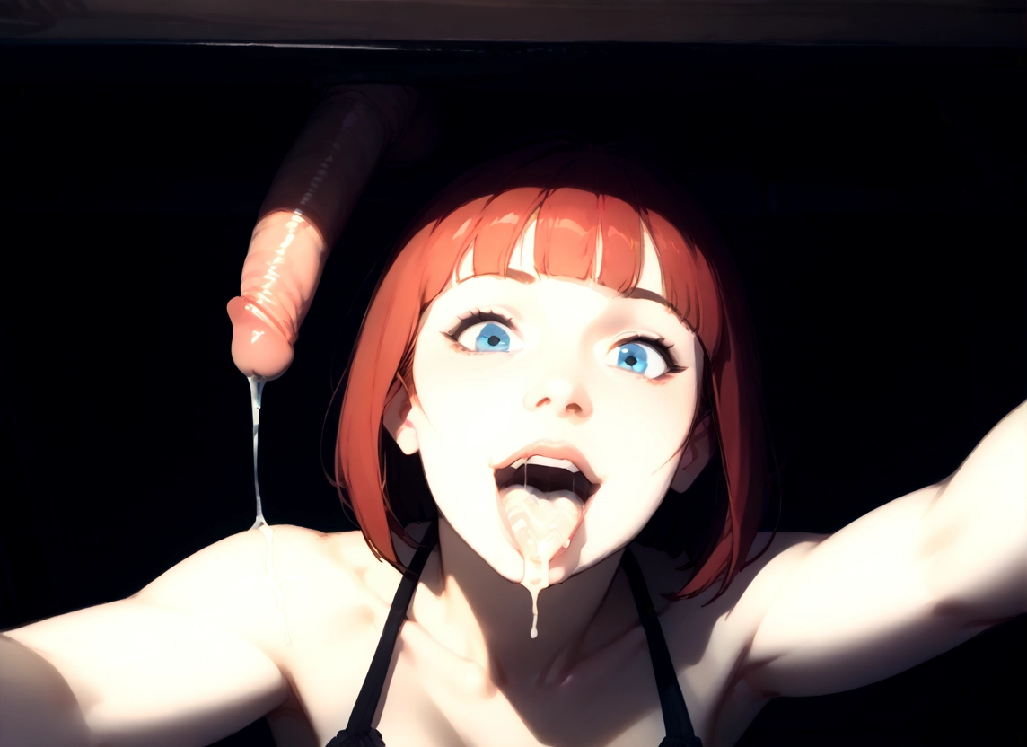 1girl, cum, penis, blue eyes, cum in mouth, open mouth · Yamete.gg