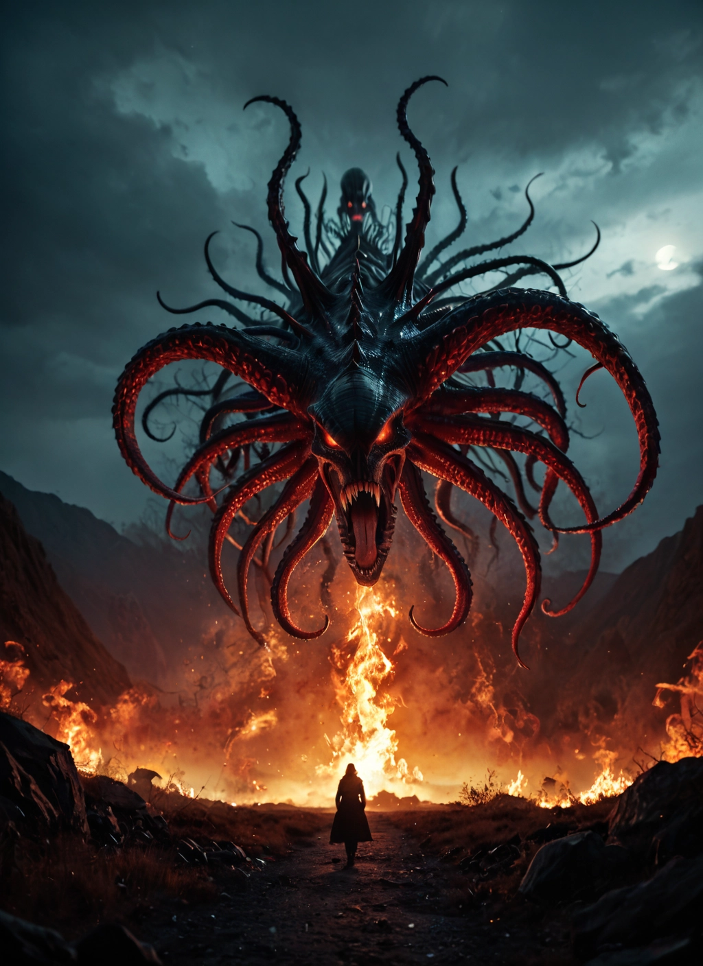 tentacles, fire, cloud, monster, sky, eldritch abomination · Yamete.gg