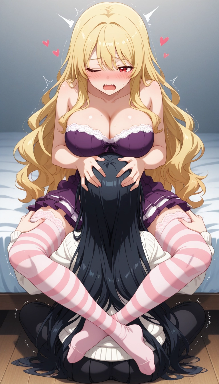 multiple girls, thighhighs, breasts, 2girls, heart, long hair