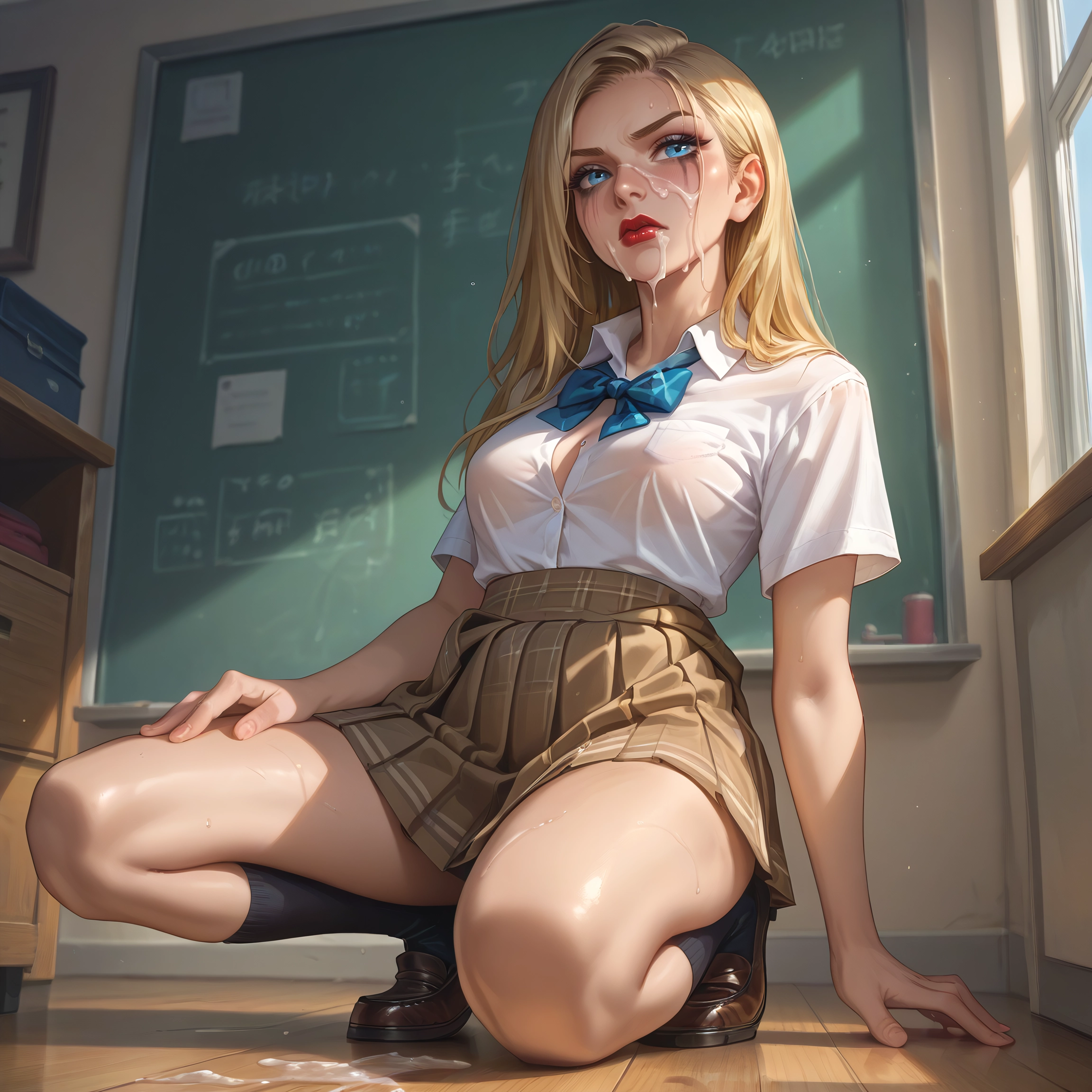 1girl, skirt, cum, blonde hair, blue eyes, facial · Yamete.gg