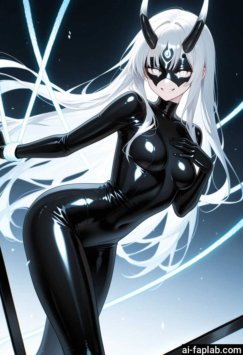 1girl, bodysuit, long hair, mask, solo, horns