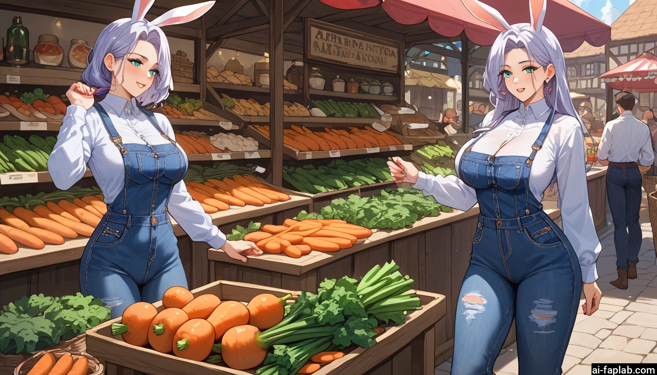 animal ears, breasts, rabbit ears, large breasts, shirt, overalls · Yamete.gg
