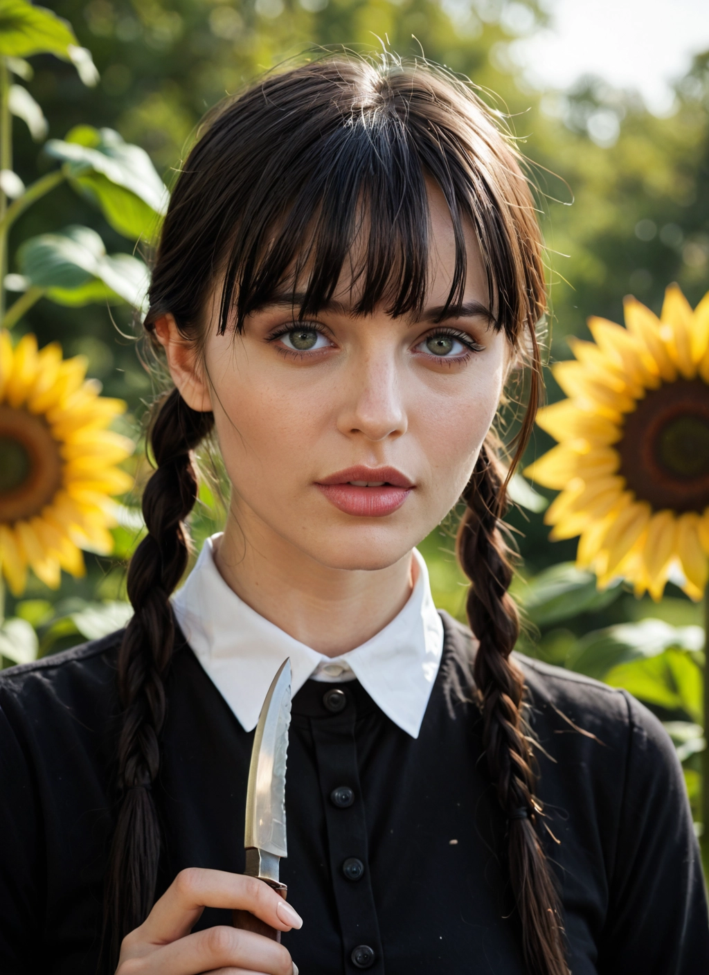 1girl, flower, solo, braid, sunflower, knife · Yamete.gg
