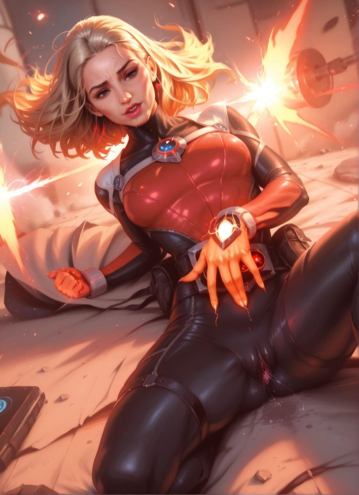 1girl, solo, blonde hair, pussy, bodysuit, pussy juice · Yamete.gg