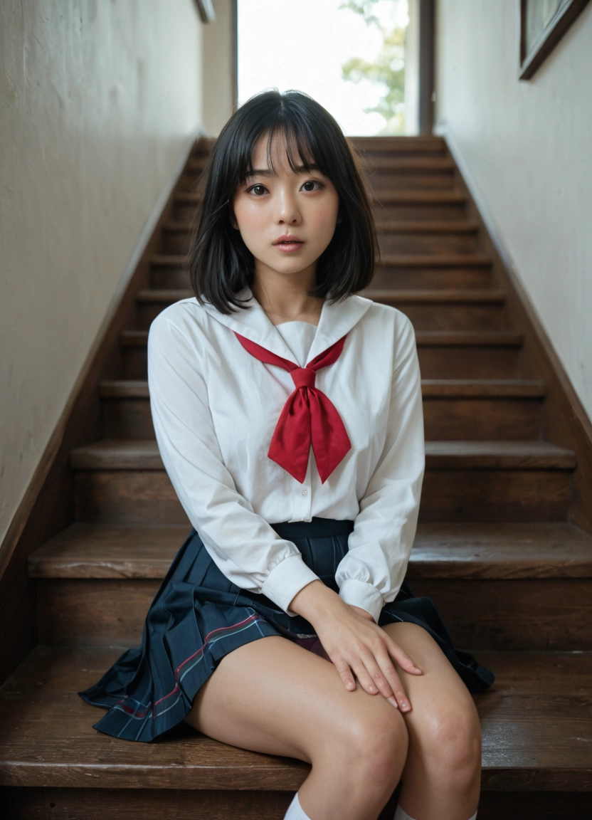 1girl, solo, school uniform, skirt, sitting, photo (medium) · Yamete.gg