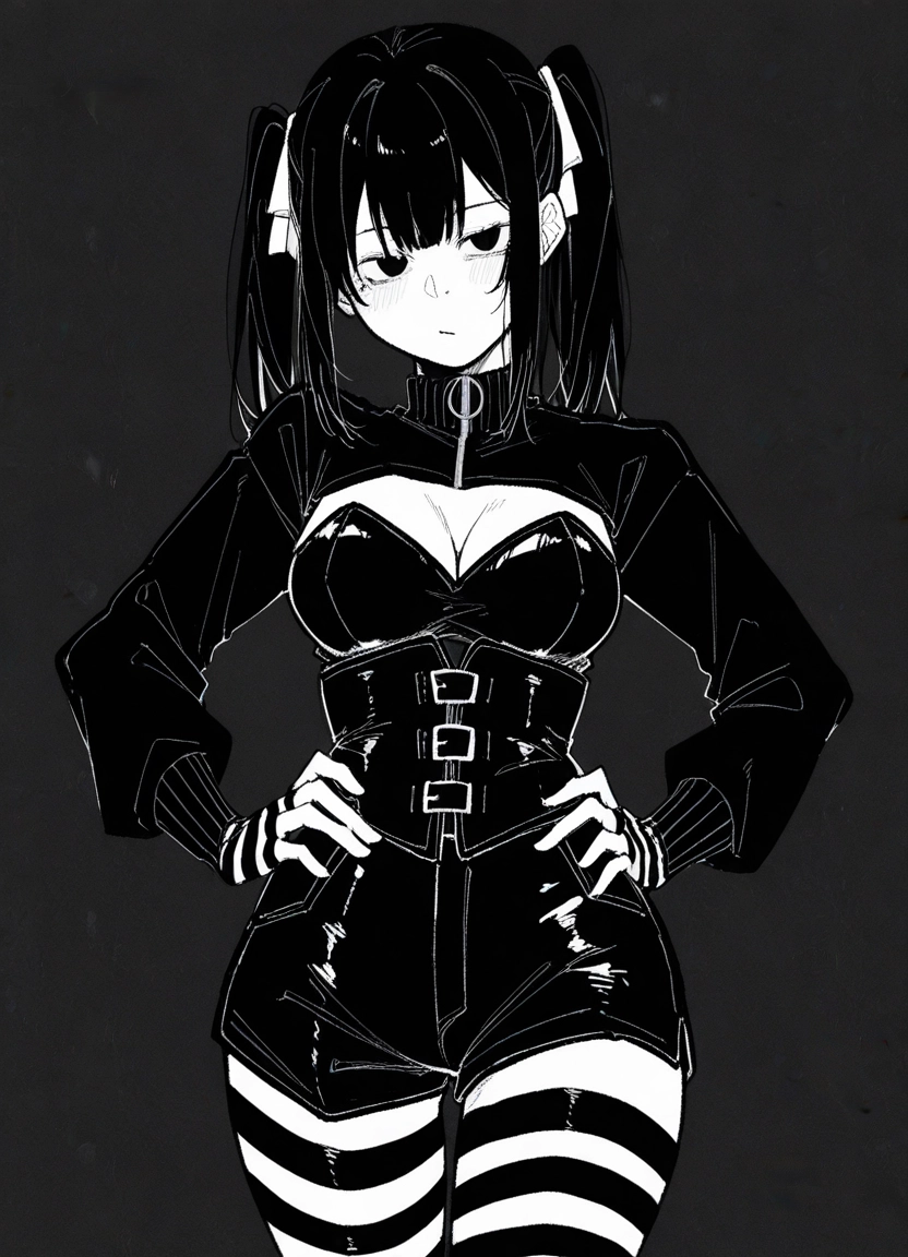 1girl, breasts, solo, monochrome, hands on hips, greyscale · Yamete.gg
