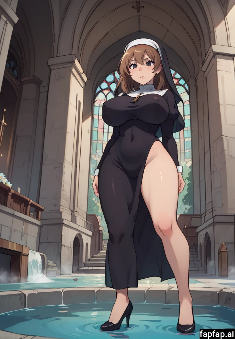 1girl, breasts, nun, brown hair, high heels, solo · Yamete.gg