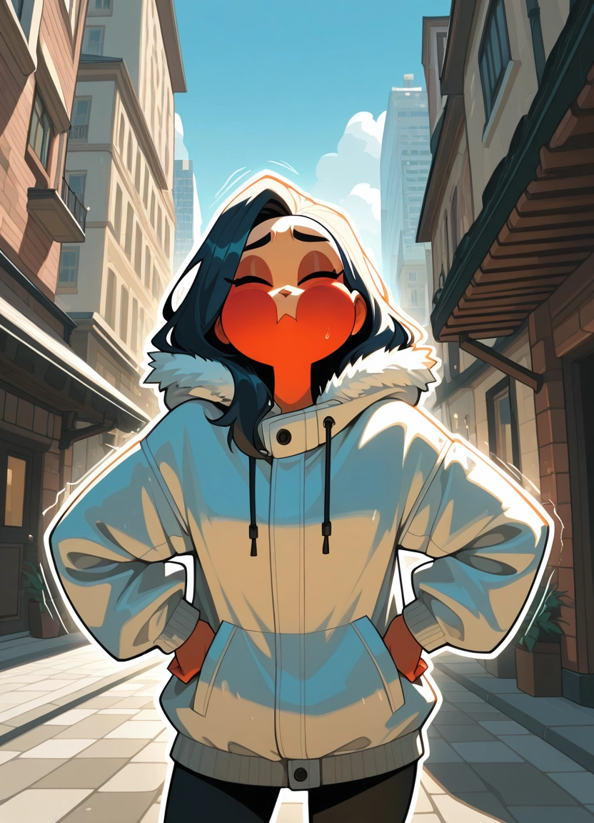 1girl, solo, hood, closed eyes, black hair, hands on own hips · Yamete.gg