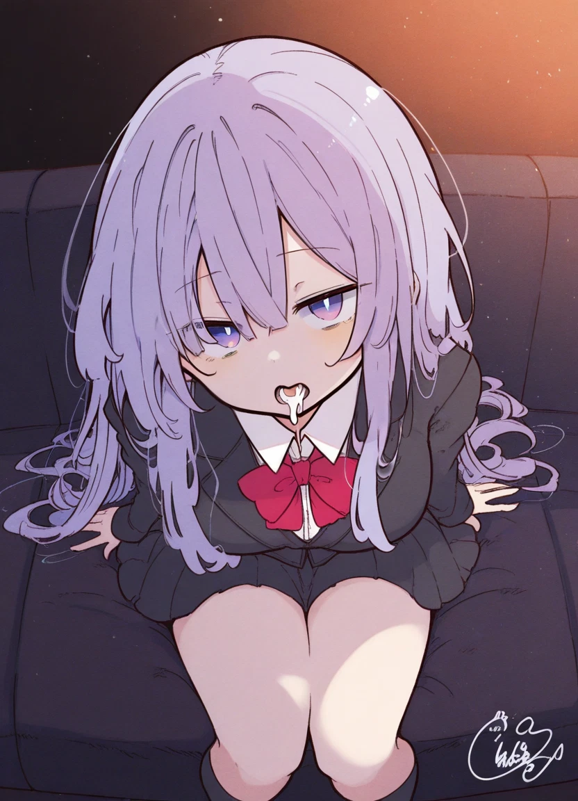 1girl, solo, skirt, long hair, sitting, looking at viewer · Yamete.gg