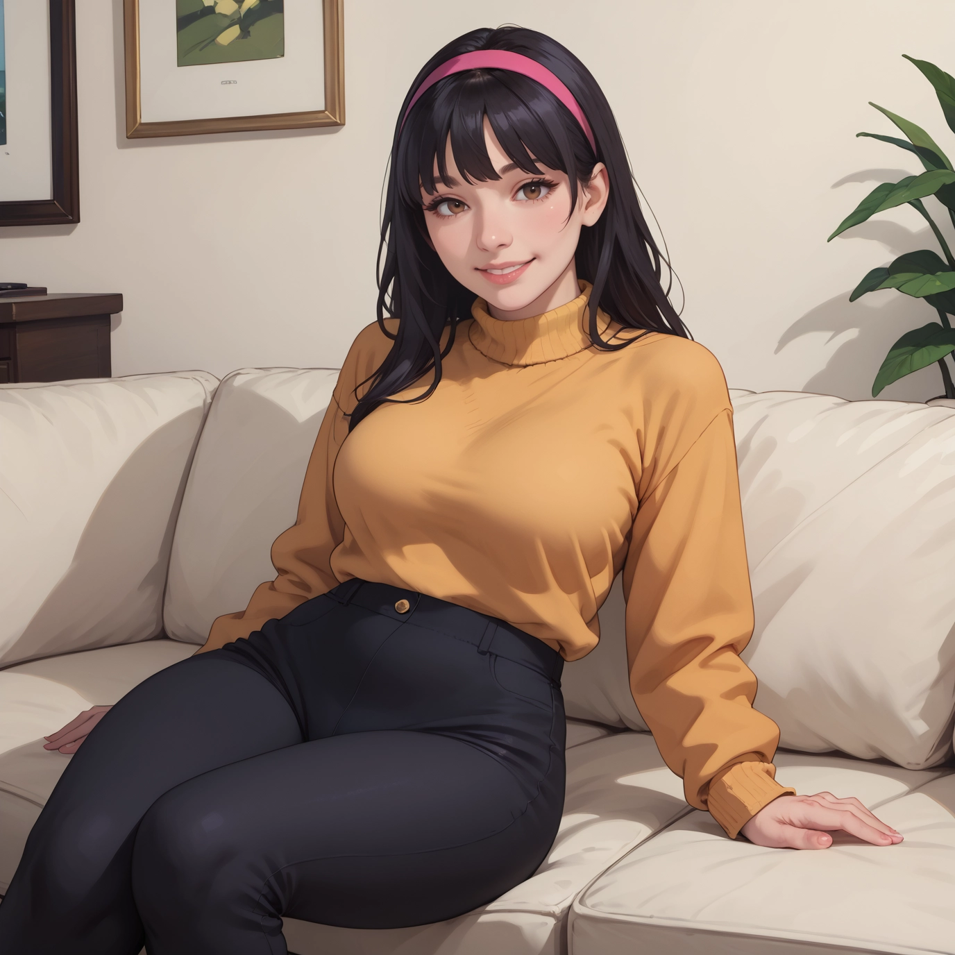 1girl, pants, solo, black hair, sitting, hairband · Yamete.gg
