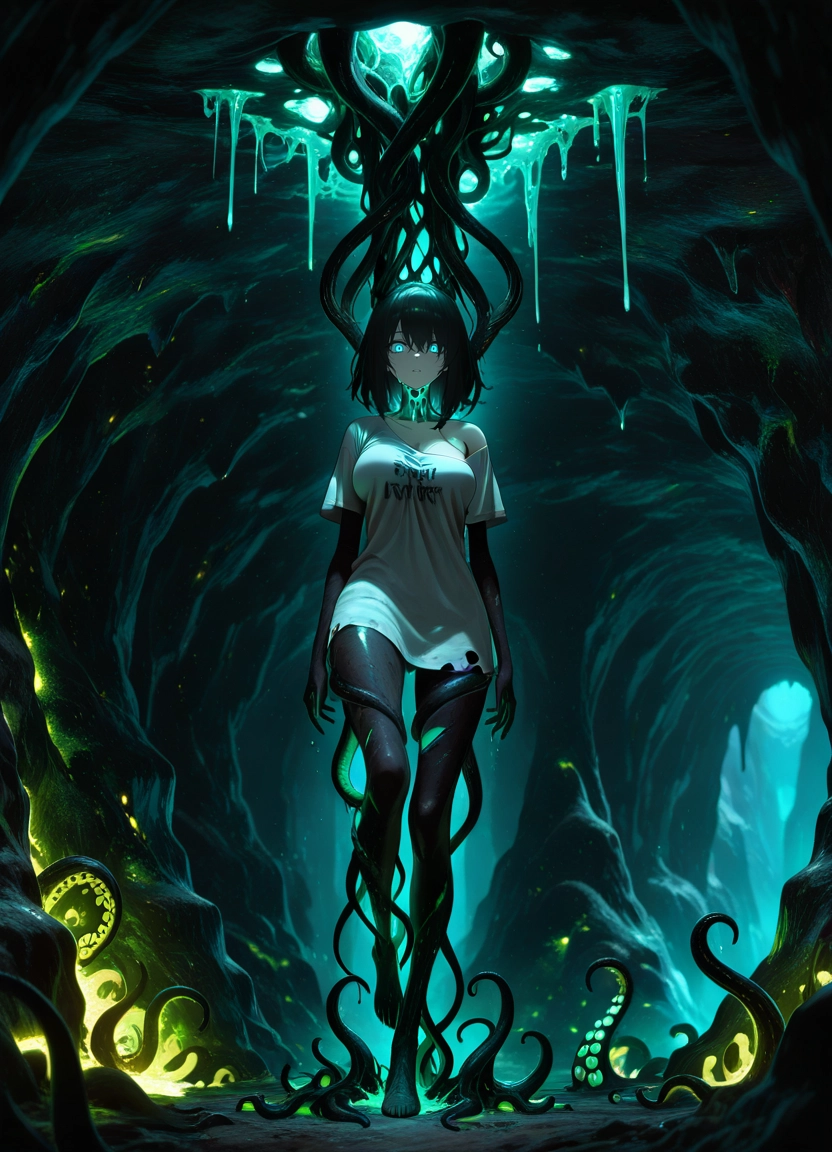 1girl, tentacles, shirt, solo, black hair, white shirt · Yamete.gg
