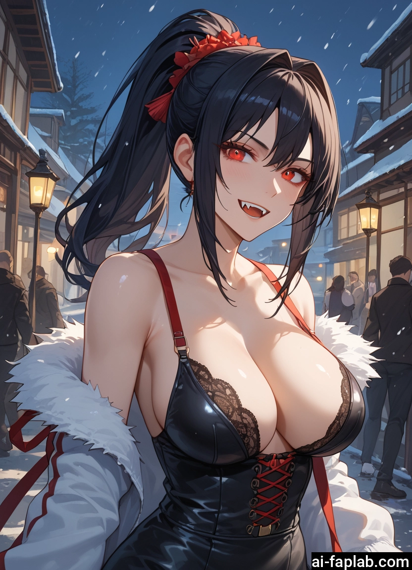 breasts, large breasts, red eyes, open mouth, smile, cleavage · Yamete.gg