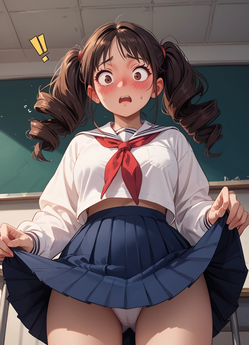 1girl, underwear, skirt, panties, school uniform, brown hair · Yamete.gg