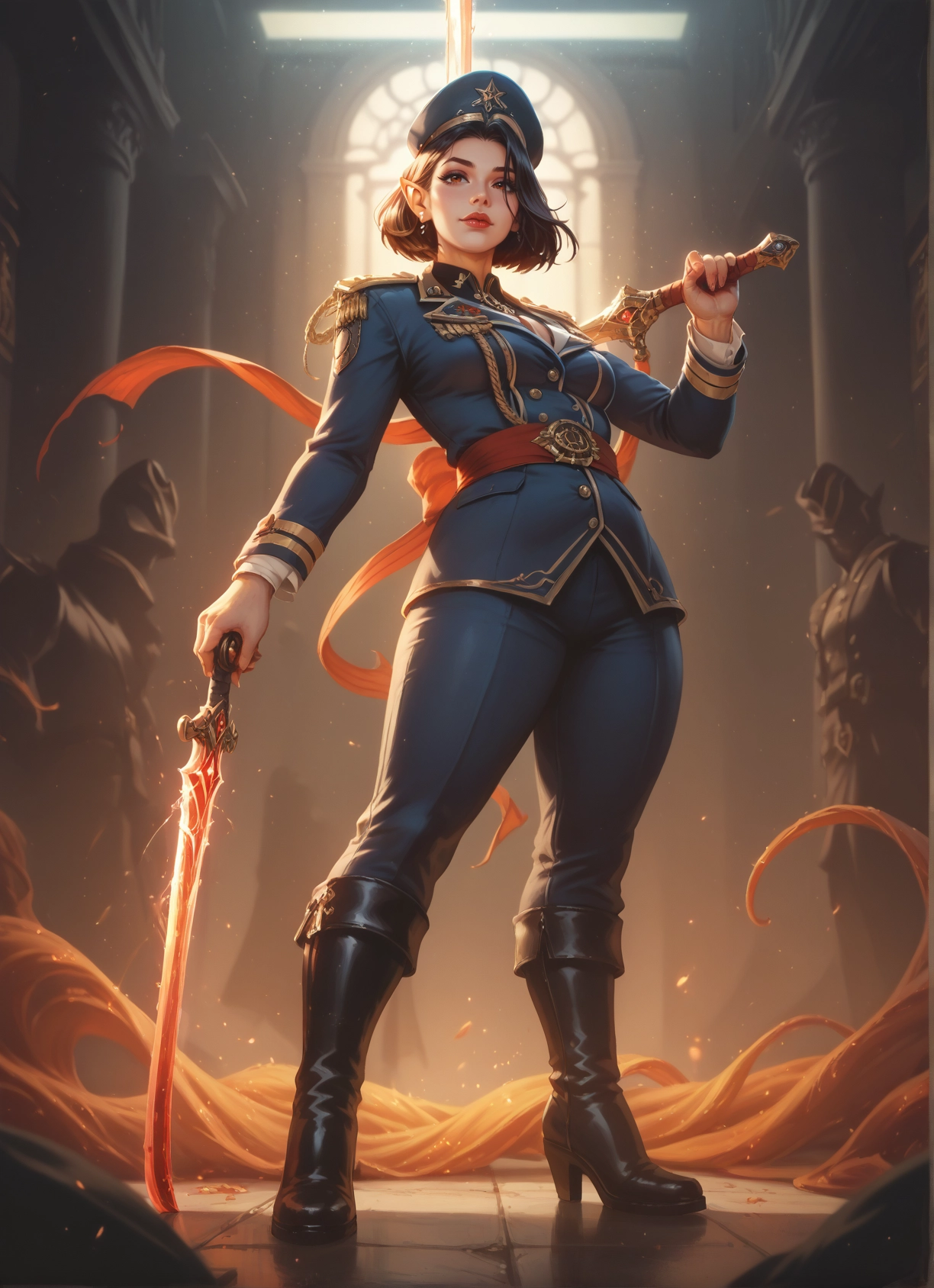1girl, weapon, sword, boots, uniform, hat · Yamete.gg
