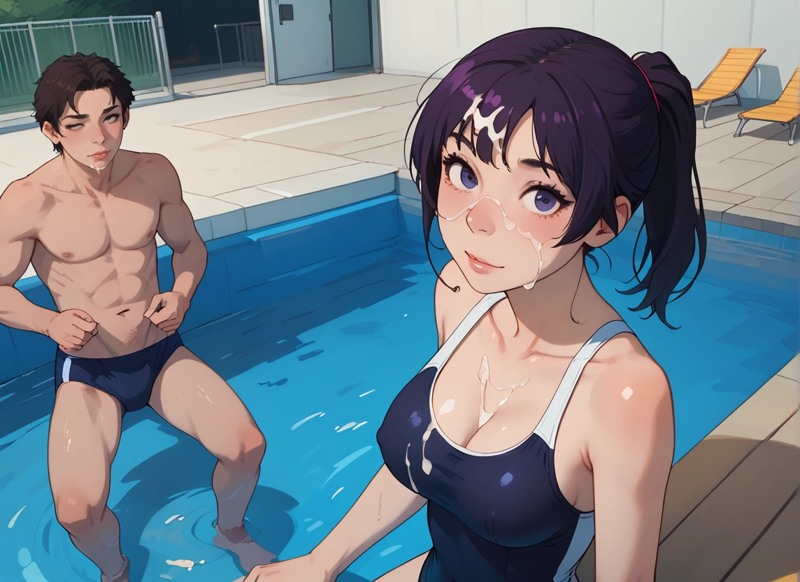 1girl, 1boy, swimsuit, breasts, cum, facial · Yamete.gg