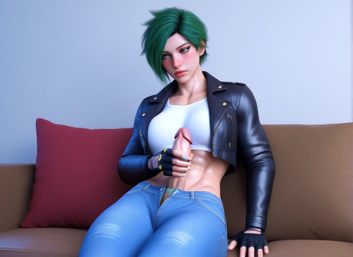 1girl, penis, solo, gloves, pants, short hair · Yamete.gg
