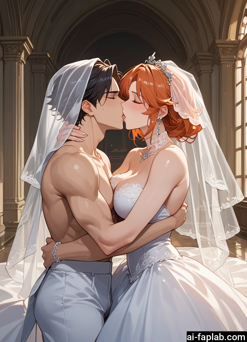 1girl, 1boy, dress, breasts, kiss, wedding dress