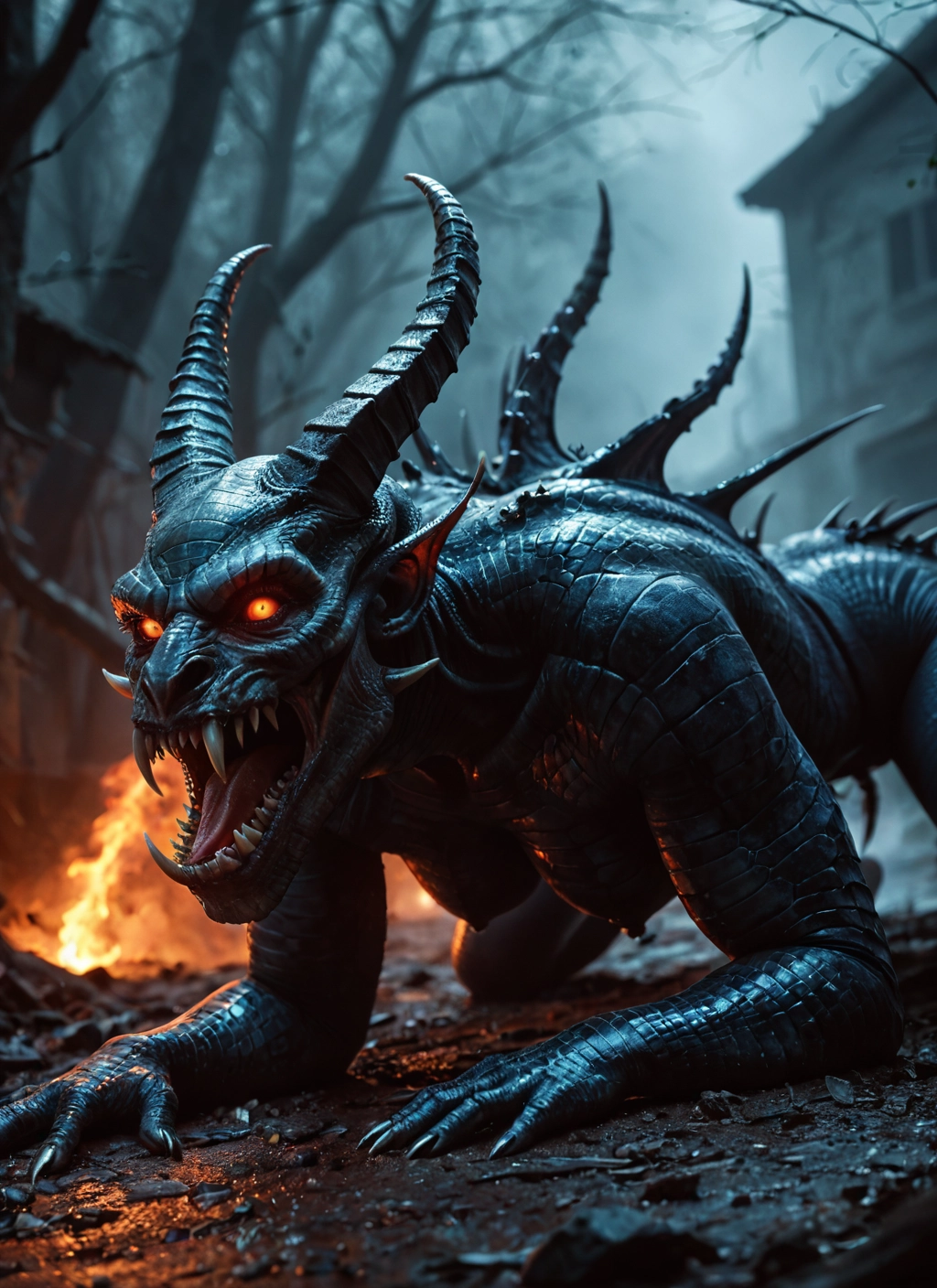 no humans, fire, horns, open mouth, all fours, tree · Yamete.gg