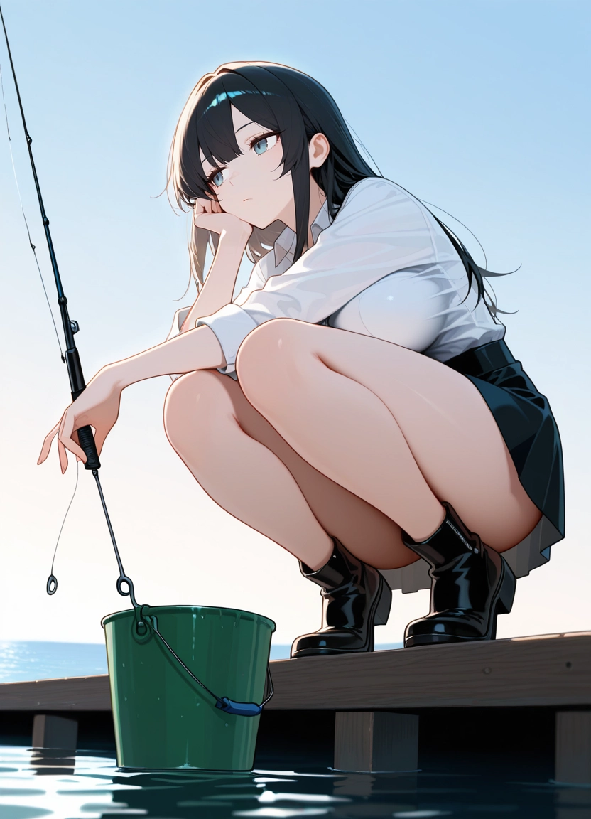 1girl, solo, squatting, long hair, skirt, shirt · Yamete.gg