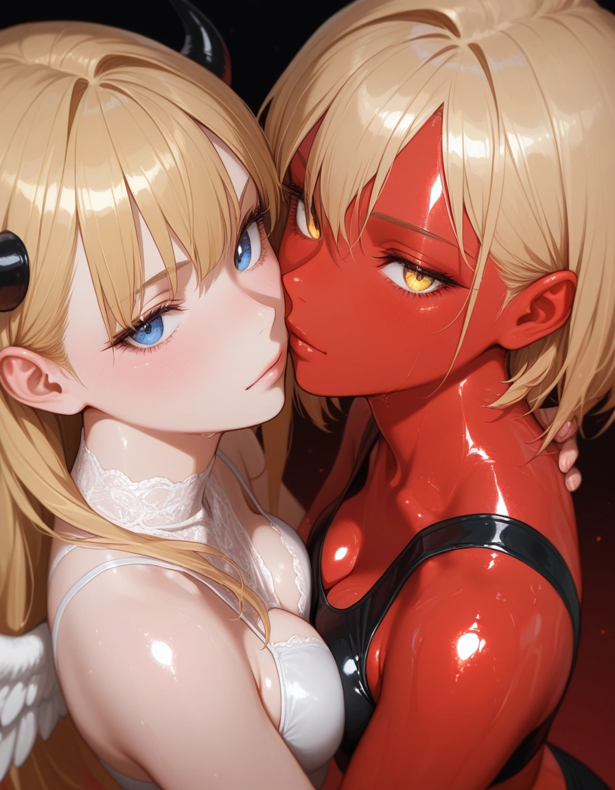 multiple girls, 2girls, breasts, blue eyes, horns, blonde hair · Yamete.gg