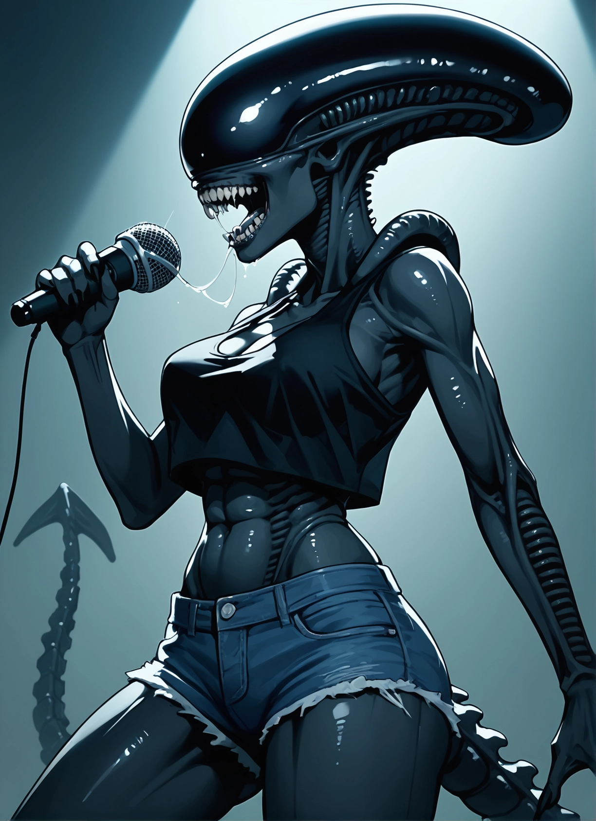 1girl, microphone, shorts, breasts, tail, solo · Yamete.gg