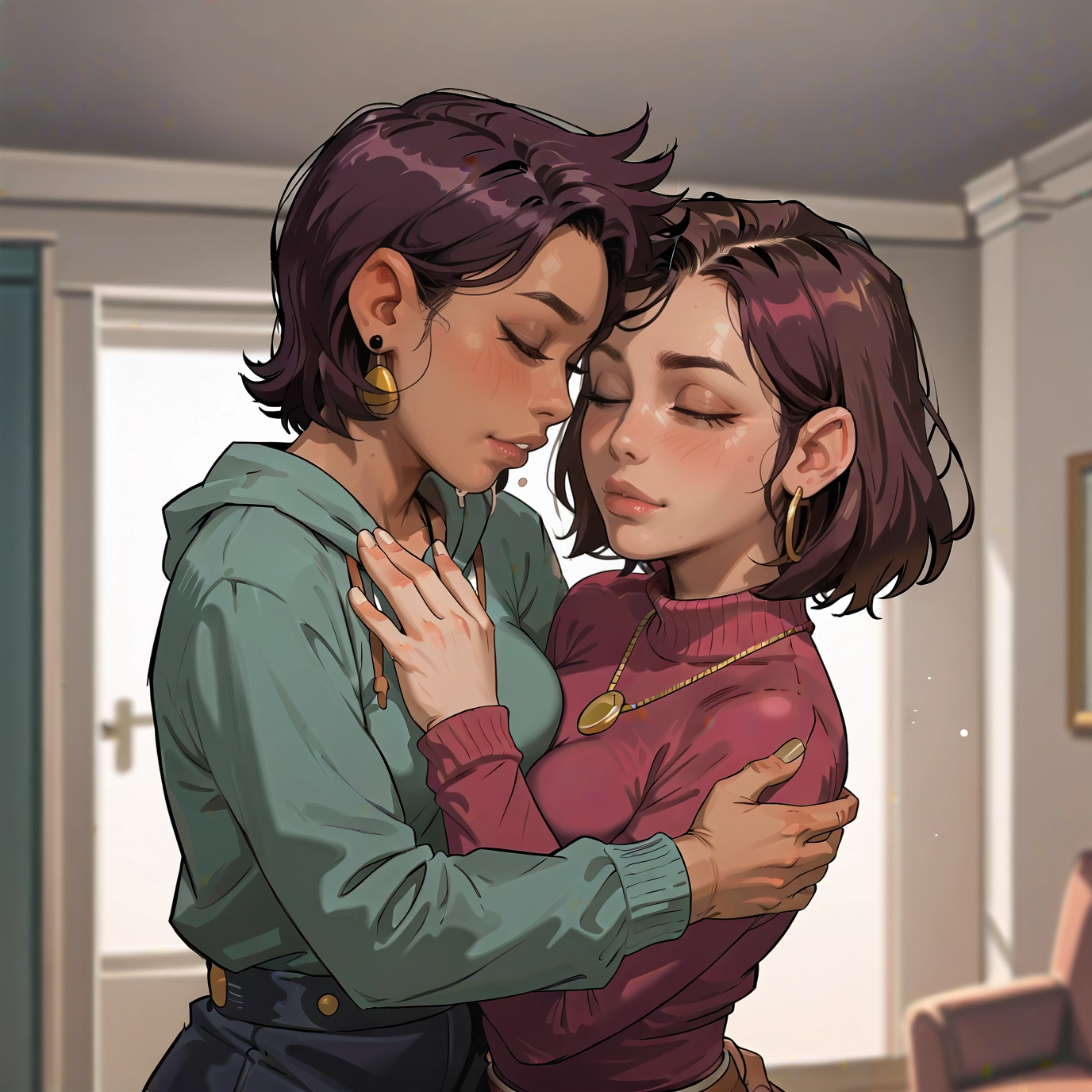 multiple girls, 2girls, jewelry, earrings, yuri, closed eyes · Yamete.gg