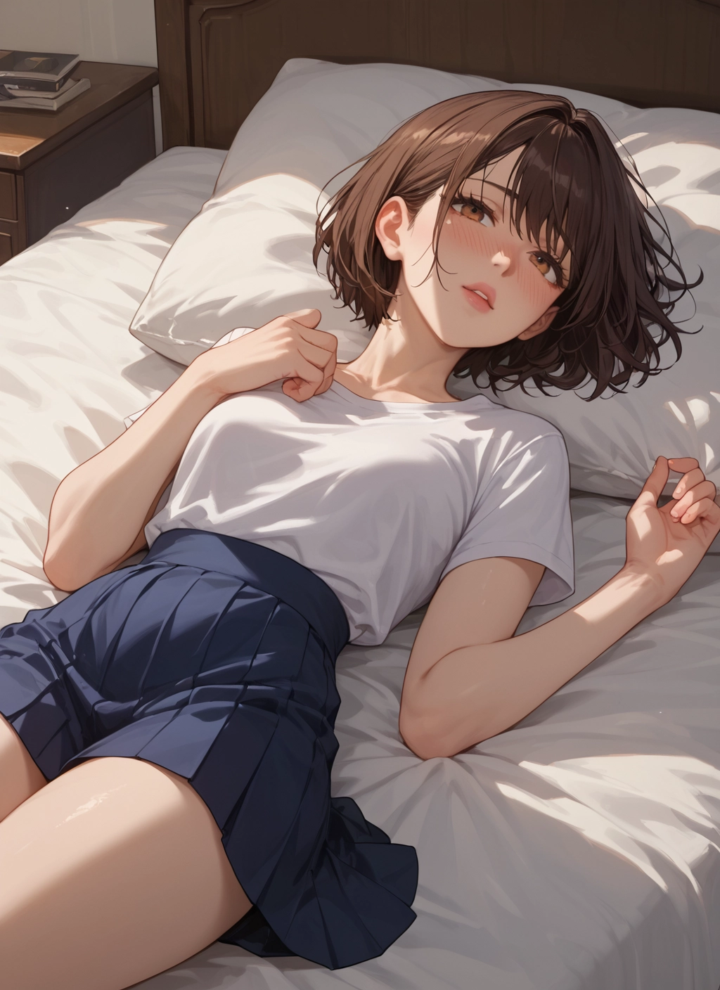 1girl, skirt, brown hair, solo, lying, on back · Yamete.gg