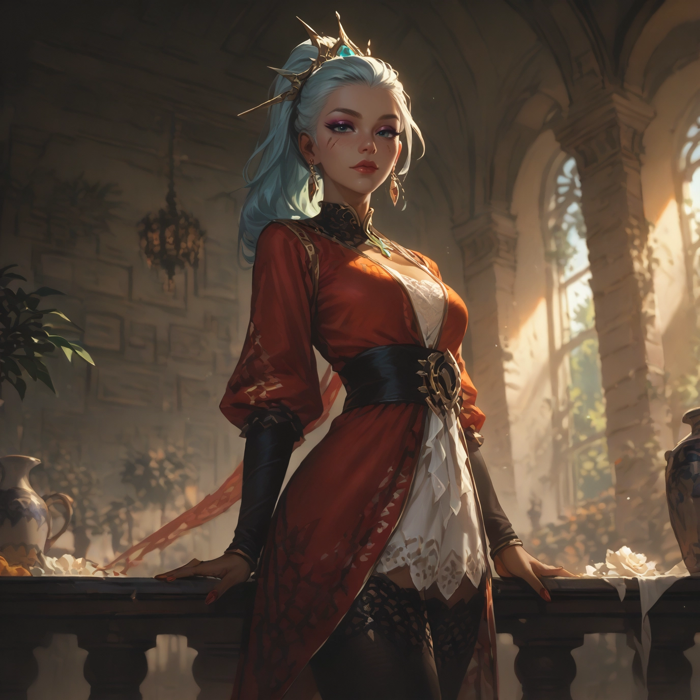1girl, solo, thighhighs, jewelry, earrings, dress · Yamete.gg