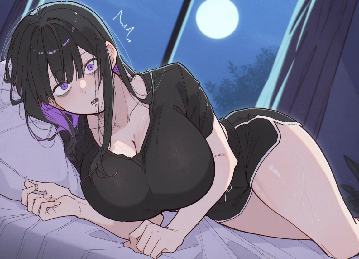 breasts, 1girl, shorts, black hair, moon, cleavage