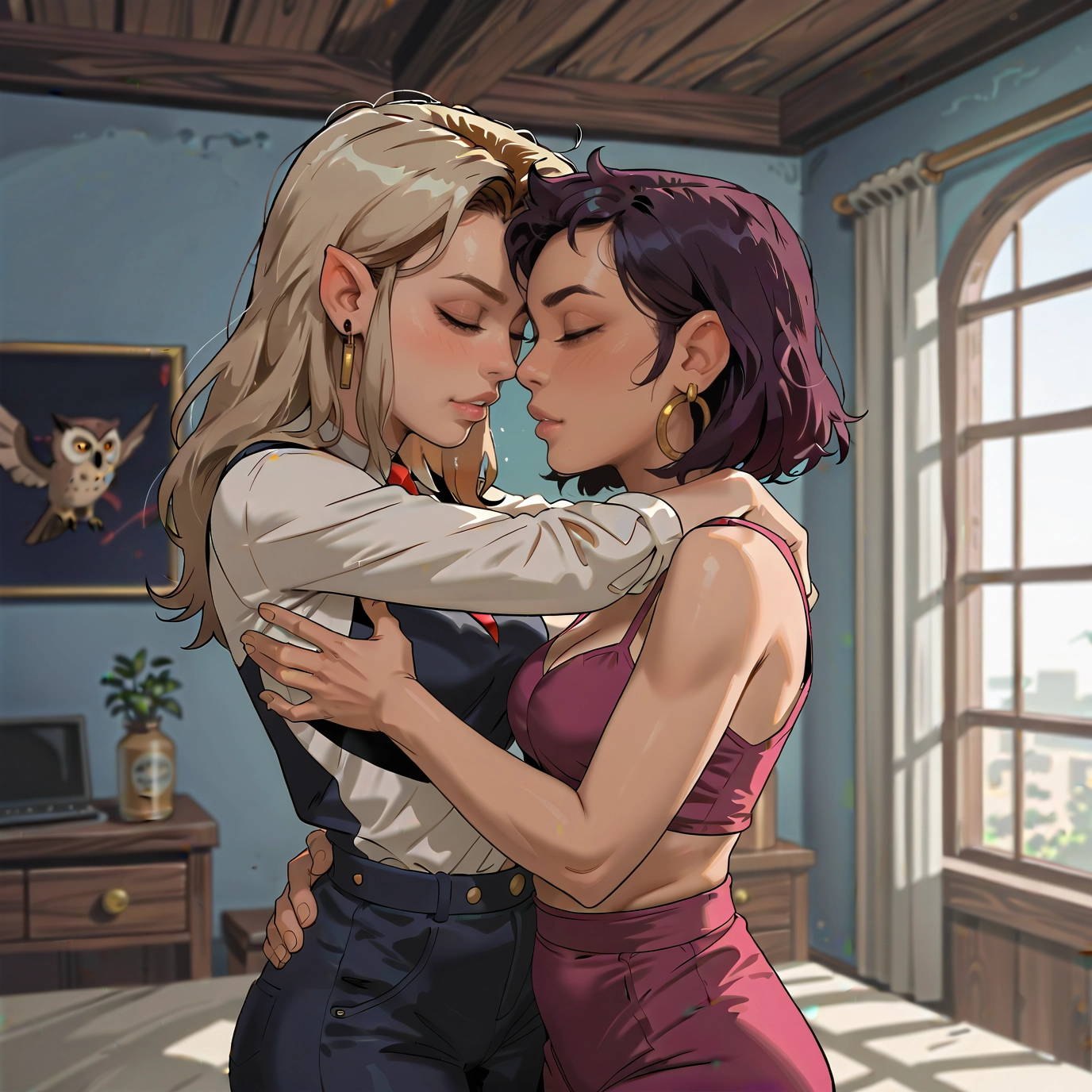 multiple girls, 2girls, jewelry, yuri, earrings, pointy ears · Yamete.gg