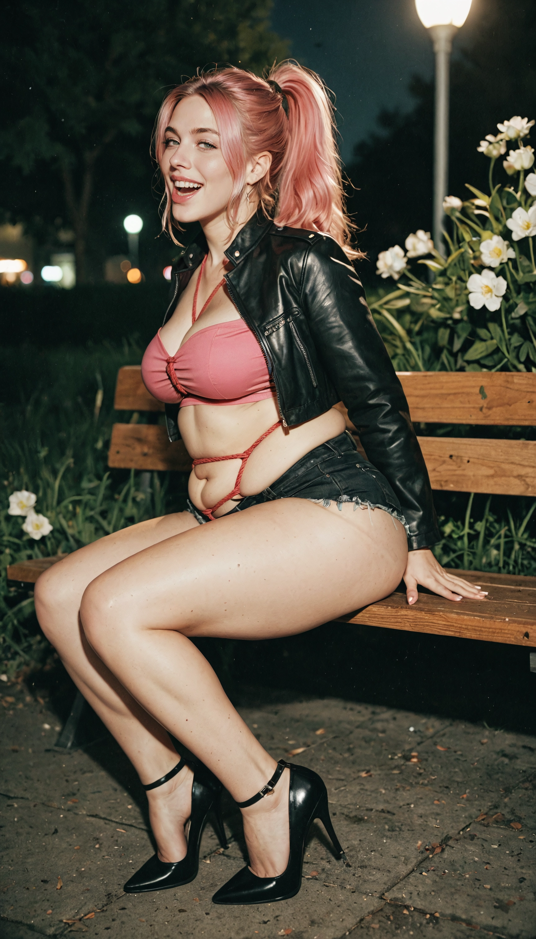 1girl, high heels, shorts, breasts, jacket, pink hair · Yamete.gg