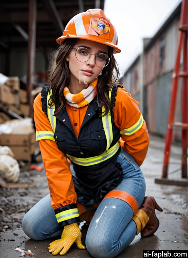 1girl, glasses, solo, pants, gloves, brown hair