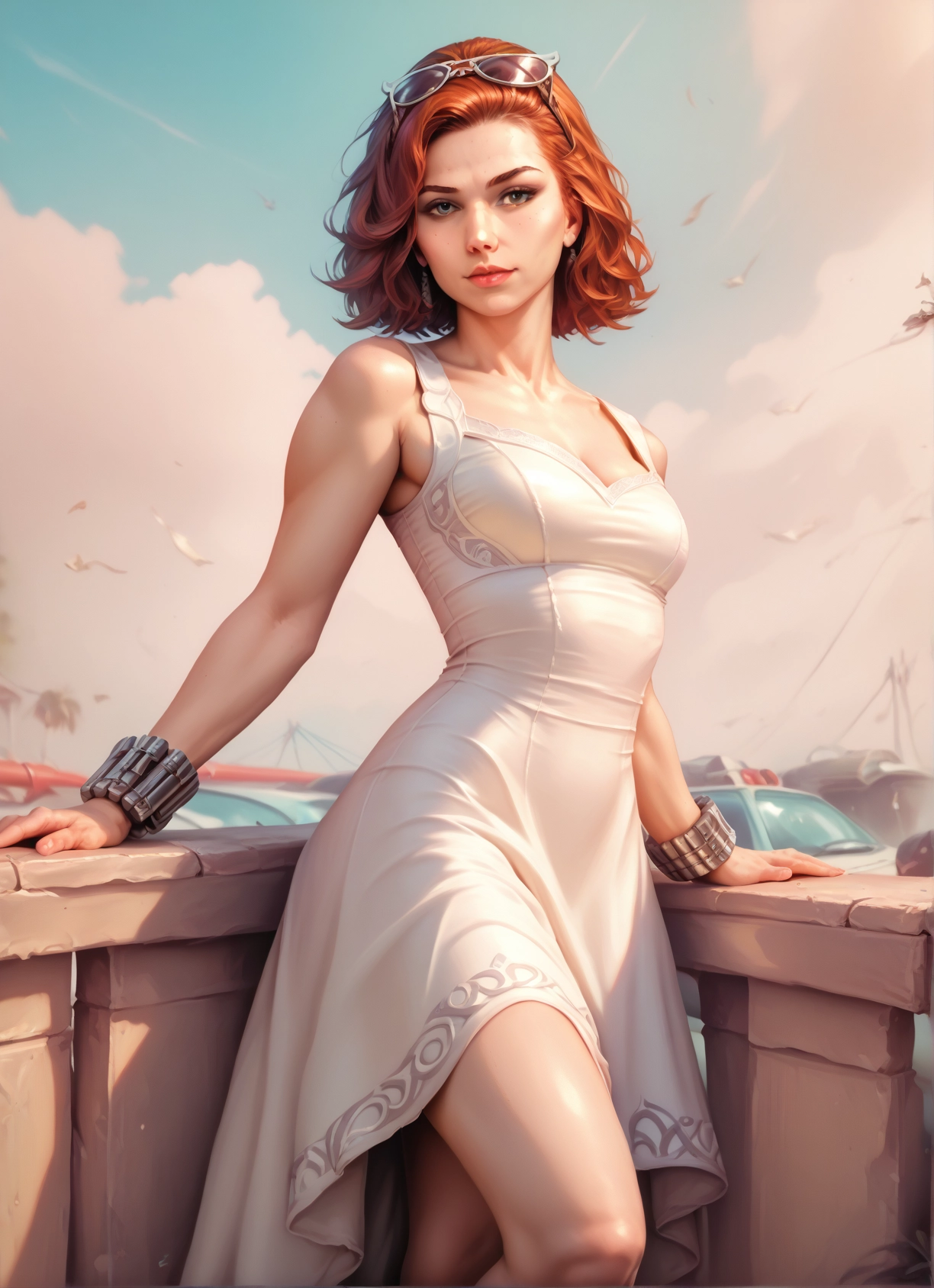 1girl, dress, breasts, eyewear on head, solo, jewelry · Yamete.gg