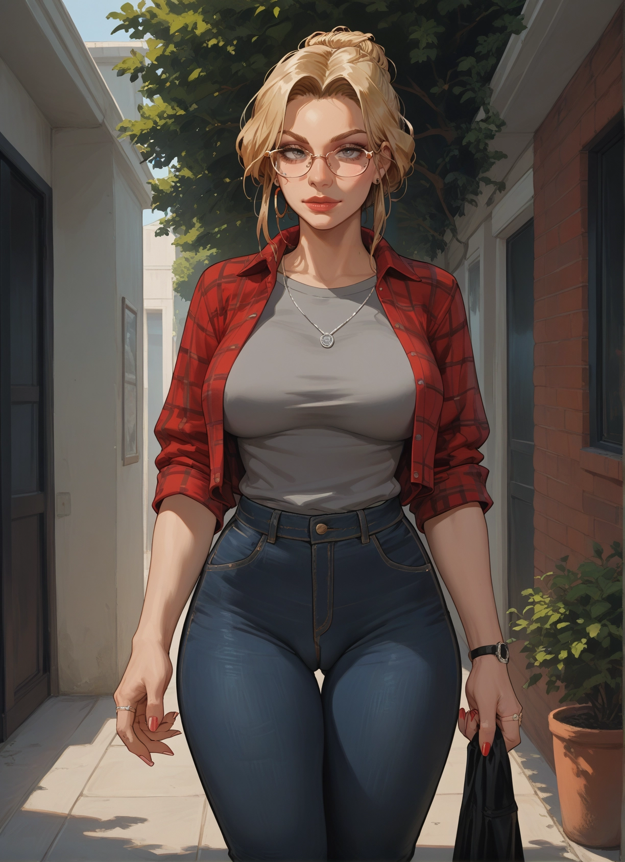 1girl, blonde hair, pants, glasses, breasts, jewelry · Yamete.gg