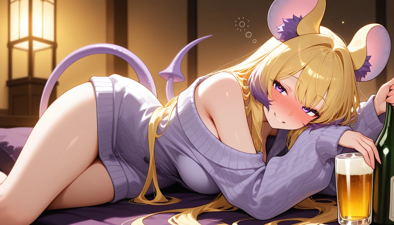 1girl, drunk, animal ears, tail, solo, purple eyes · Yamete.gg