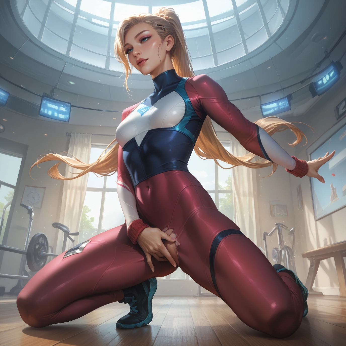 1girl, blonde hair, solo, bodysuit, breasts, long hair · Yamete.gg